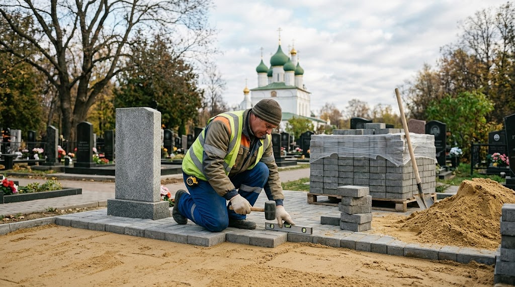 Мощение тротуарной плиткой участка могилы