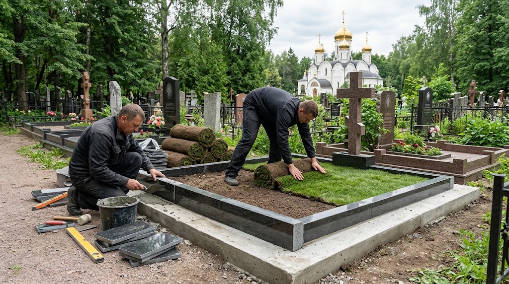 Бетонная полоса по периметру участка могилы с внутренним заполнителем